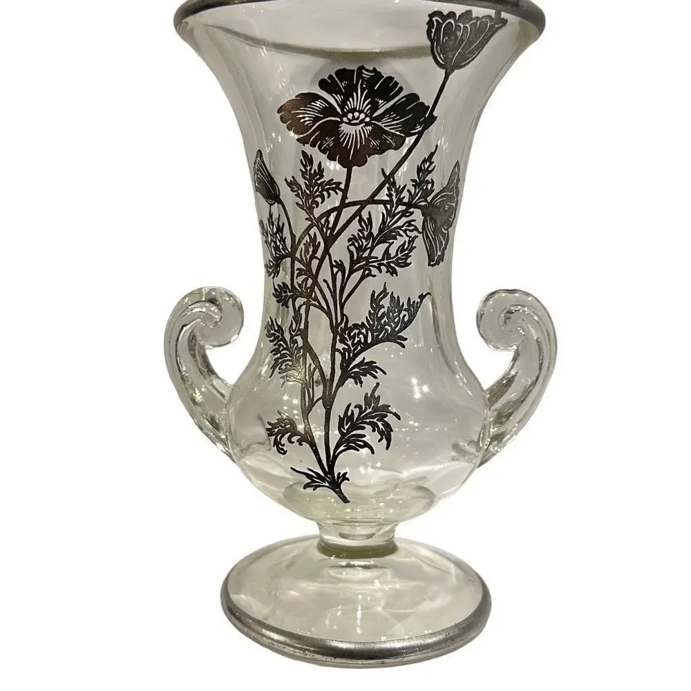 Silver City Footed Double handle Vase with applied Silver Floral  Flanders Patt